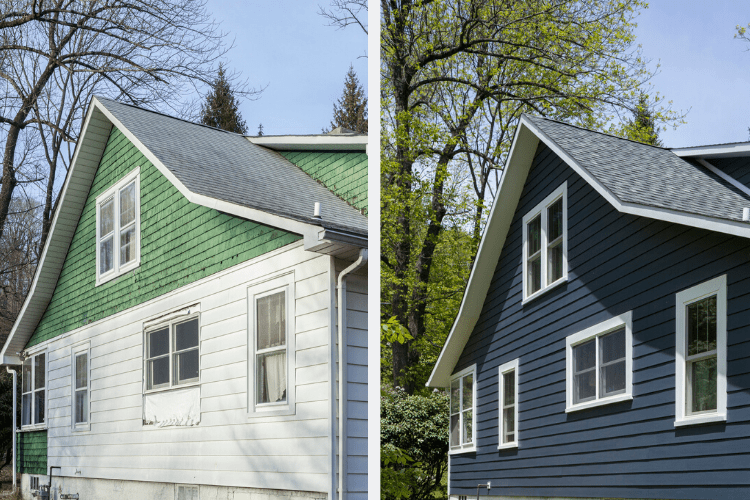 Before and after exterior transformation showing old green siding and worn shingles replaced with a new navy blue roof and siding
